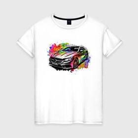 Женская футболка хлопок с принтом Мерседес в красках в Белгороде, 100% хлопок | прямой крой, круглый вырез горловины, длина до линии бедер, слегка спущенное плечо | авто | автомобили | диски | дорогие авто | красивые авто | мерседес | тачка