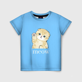 Детская футболка 3D с принтом Котёнок Meow машет лапкой в Белгороде, 100% гипоаллергенный полиэфир | прямой крой, круглый вырез горловины, длина до линии бедер, чуть спущенное плечо, ткань немного тянется | животные | котики | милота | мяу