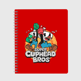 Тетрадь с принтом Super Cuphead Bros в Белгороде, 100% бумага | 48 листов, плотность листов — 60 г/м2, плотность картонной обложки — 250 г/м2. Листы скреплены сбоку удобной пружинной спиралью. Уголки страниц и обложки скругленные. Цвет линий — светло-серый
 | arkade | cup head | cuphead | game | games | mario | аркада | игра | игры | кап хэд | капхед | купа хэд | марио | сгз руфв | сгзруфв | чашкоголовый