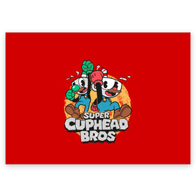 Поздравительная открытка с принтом Super Cuphead Bros в Белгороде, 100% бумага | плотность бумаги 280 г/м2, матовая, на обратной стороне линовка и место для марки
 | arkade | cup head | cuphead | game | games | mario | аркада | игра | игры | кап хэд | капхед | купа хэд | марио | сгз руфв | сгзруфв | чашкоголовый