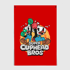 Постер с принтом Super Cuphead Bros в Белгороде, 100% бумага
 | бумага, плотность 150 мг. Матовая, но за счет высокого коэффициента гладкости имеет небольшой блеск и дает на свету блики, но в отличии от глянцевой бумаги не покрыта лаком | arkade | cup head | cuphead | game | games | mario | аркада | игра | игры | кап хэд | капхед | купа хэд | марио | сгз руфв | сгзруфв | чашкоголовый