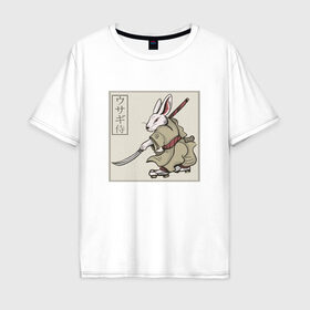Мужская футболка хлопок Oversize с принтом Кролик Самурай Rabbit Samurai в Белгороде, 100% хлопок | свободный крой, круглый ворот, “спинка” длиннее передней части | art | cyberpunk samurai | ninja | oni | rdsmry | ronin | samurai | shogun | ukiyo e | арт | живопись | животные | заяц | киберпанк самурай | мерч | прикол | путь воина | путь самурая | ронин | сёгун | токио | укиё э | фреска | харакири