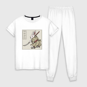 Женская пижама хлопок с принтом Кролик Самурай Rabbit Samurai в Белгороде, 100% хлопок | брюки и футболка прямого кроя, без карманов, на брюках мягкая резинка на поясе и по низу штанин | art | cyberpunk samurai | ninja | oni | rdsmry | ronin | samurai | shogun | ukiyo e | арт | живопись | животные | заяц | киберпанк самурай | мерч | прикол | путь воина | путь самурая | ронин | сёгун | токио | укиё э | фреска | харакири
