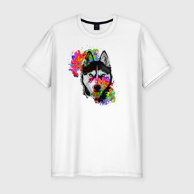 Мужская футболка хлопок Slim с принтом собака с торчащими ушами в Белгороде, 92% хлопок, 8% лайкра | приталенный силуэт, круглый вырез ворота, длина до линии бедра, короткий рукав | белый | добрый | красивый | краски | собака | хаски | цвет | цветной | черный
