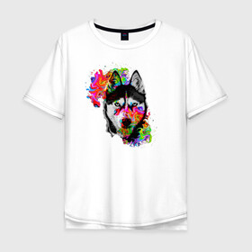 Мужская футболка хлопок Oversize с принтом собака с торчащими ушами в Белгороде, 100% хлопок | свободный крой, круглый ворот, “спинка” длиннее передней части | белый | добрый | красивый | краски | собака | хаски | цвет | цветной | черный