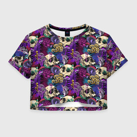 Женская футболка Crop-top 3D с принтом Психоделика - черепа и грибы в Белгороде, 100% полиэстер | круглая горловина, длина футболки до линии талии, рукава с отворотами | абстракция | грибы | паттерн | психоделика | текстуры | цветы | череп | черепа
