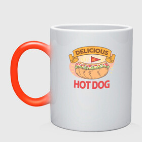 Кружка хамелеон с принтом Delicious Hot Dog в Белгороде, керамика | меняет цвет при нагревании, емкость 330 мл | Тематика изображения на принте: burgers | delicious | hot dog | вредная еда | еда
