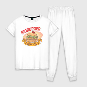 Женская пижама хлопок с принтом Delicious Burger в Белгороде, 100% хлопок | брюки и футболка прямого кроя, без карманов, на брюках мягкая резинка на поясе и по низу штанин | burgers | delicious | hot dog | вредная еда | еда