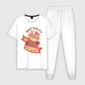Мужская пижама хлопок с принтом Hot Coffee в Белгороде, 100% хлопок | брюки и футболка прямого кроя, без карманов, на брюках мягкая резинка на поясе и по низу штанин
 | Тематика изображения на принте: burgers | delicious | hot dog | вредная еда | еда