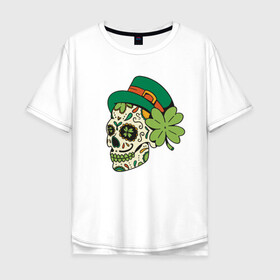Мужская футболка хлопок Oversize с принтом Череп в стиле Святого Патрика в Белгороде, 100% хлопок | свободный крой, круглый ворот, “спинка” длиннее передней части | Тематика изображения на принте: calavera | clover | ireland | irish | kiss me im irish | lucky | muertos | skulls | st patrick | sugar skull | день мёртвых | день святого патрика | ирландец | ирландия | калавера | клевер | сахарный череп | удача | череп в шляпе | черепа | чет