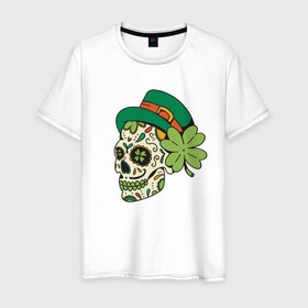 Мужская футболка хлопок с принтом Череп в стиле Святого Патрика в Белгороде, 100% хлопок | прямой крой, круглый вырез горловины, длина до линии бедер, слегка спущенное плечо. | calavera | clover | ireland | irish | kiss me im irish | lucky | muertos | skulls | st patrick | sugar skull | день мёртвых | день святого патрика | ирландец | ирландия | калавера | клевер | сахарный череп | удача | череп в шляпе | черепа | чет