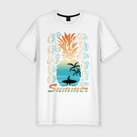 Мужская футболка хлопок Slim с принтом ЛЕТО в Белгороде, 92% хлопок, 8% лайкра | приталенный силуэт, круглый вырез ворота, длина до линии бедра, короткий рукав | beach | holiday | print | sea | summer | sun | surf | ананас | лето | море | острова | отдых | отпуск | пальмы | пейзаж | песок | пляж | серфинг | солнце