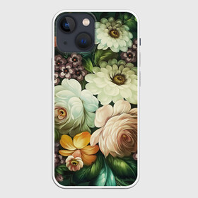 Чехол для iPhone 13 mini с принтом Цветы на зеленом фоне в Белгороде,  |  | декоративная роспись | живопись | жостово | жостовская роспись | розы | цветы