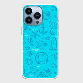 Чехол для iPhone 13 Pro с принтом Морская тема в Белгороде,  |  | Тематика изображения на принте: креветки | круг | морская живность | морское | пальмы | раки | ракушки | рыбы | спасательный | черепашки | штурвал