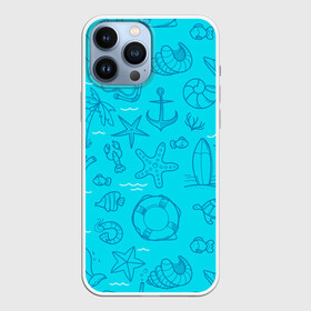 Чехол для iPhone 13 Pro Max с принтом Морская тема в Белгороде,  |  | Тематика изображения на принте: креветки | круг | морская живность | морское | пальмы | раки | ракушки | рыбы | спасательный | черепашки | штурвал