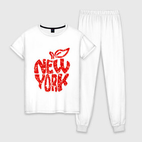 Женская пижама хлопок с принтом NEW YORK в Белгороде, 100% хлопок | брюки и футболка прямого кроя, без карманов, на брюках мягкая резинка на поясе и по низу штанин | big apple | city | new york | red | tourist | usa | большое яблоко | город | надпись | нью йорк | сша | текст | туризм