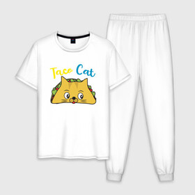 Мужская пижама хлопок с принтом Taco Cat в Белгороде, 100% хлопок | брюки и футболка прямого кроя, без карманов, на брюках мягкая резинка на поясе и по низу штанин
 | Тематика изображения на принте: animal | cat | cute | kitty | meow | taco | друг | животные | киска | китти | кот | котенок | котик | котэ | кошечка | кошка | милый | мур | мяу | питомец | тако