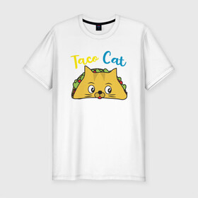 Мужская футболка хлопок Slim с принтом Taco Cat в Белгороде, 92% хлопок, 8% лайкра | приталенный силуэт, круглый вырез ворота, длина до линии бедра, короткий рукав | Тематика изображения на принте: animal | cat | cute | kitty | meow | taco | друг | животные | киска | китти | кот | котенок | котик | котэ | кошечка | кошка | милый | мур | мяу | питомец | тако