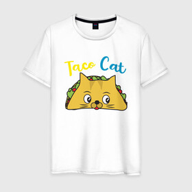 Мужская футболка хлопок с принтом Taco Cat в Белгороде, 100% хлопок | прямой крой, круглый вырез горловины, длина до линии бедер, слегка спущенное плечо. | animal | cat | cute | kitty | meow | taco | друг | животные | киска | китти | кот | котенок | котик | котэ | кошечка | кошка | милый | мур | мяу | питомец | тако
