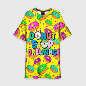 Детское платье 3D с принтом DONUTS в Белгороде, 100% полиэстер | прямой силуэт, чуть расширенный к низу. Круглая горловина, на рукавах — воланы | Тематика изображения на принте: candys | children | donut | dreaming | food | rainbow | stop | вкусняшки | детские | еда | желтый | крем | мечты | надписи | пончики | сладости | текстуры