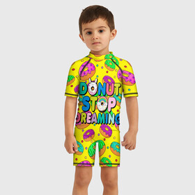 Детский купальный костюм 3D с принтом DONUTS в Белгороде, Полиэстер 85%, Спандекс 15% | застежка на молнии на спине | candys | children | donut | dreaming | food | rainbow | stop | вкусняшки | детские | еда | желтый | крем | мечты | надписи | пончики | сладости | текстуры