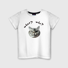 Детская футболка хлопок с принтом Кот с вопросами в Белгороде, 100% хлопок | круглый вырез горловины, полуприлегающий силуэт, длина до линии бедер | вопросы | кот | кошка | кто | что