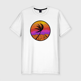 Мужская футболка хлопок Slim с принтом Пальма и море в Белгороде, 92% хлопок, 8% лайкра | приталенный силуэт, круглый вырез ворота, длина до линии бедра, короткий рукав | beach | club | palm | party | sea | summer | tropical | волны | жара | закат | летние | лето | море | пальмы | пляж | тропический