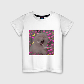 Детская футболка хлопок с принтом Мем котик в Белгороде, 100% хлопок | круглый вырез горловины, полуприлегающий силуэт, длина до линии бедер | белый | кот | мем | милый | прикол