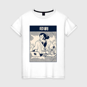 Женская футболка хлопок с принтом Картина Самурай с 3D принтером в Белгороде, 100% хлопок | прямой крой, круглый вырез горловины, длина до линии бедер, слегка спущенное плечо | 3д принтер | art | cat | cyberpunk samurai | neko | ninja | oni | ronin | samurai | shogun | арт | киберпанк самурай | мерч | мужик | мужчина | неко | прикол | путь воина | путь война | ронин | сёгун | сепукку | токио | харакири