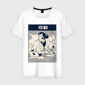 Мужская футболка хлопок с принтом Картина Самурай с 3D принтером в Белгороде, 100% хлопок | прямой крой, круглый вырез горловины, длина до линии бедер, слегка спущенное плечо. | 3д принтер | art | cat | cyberpunk samurai | neko | ninja | oni | ronin | samurai | shogun | арт | киберпанк самурай | мерч | мужик | мужчина | неко | прикол | путь воина | путь война | ронин | сёгун | сепукку | токио | харакири