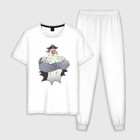 Мужская пижама хлопок с принтом Чайка Пират - Seagull Pirate в Белгороде, 100% хлопок | брюки и футболка прямого кроя, без карманов, на брюках мягкая резинка на поясе и по низу штанин
 | Тематика изображения на принте: fish | funny | humor | muscles | sailor | sea wolf | tattoo | бб | бодибилдинг | ест рыбу | качок | морской волк | моряк | мускулы | на абордаж | накаченная птица | пиратский рисунок | повязка | прикол | рыба | татуировка