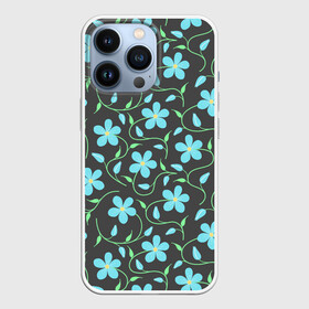 Чехол для iPhone 13 Pro с принтом Цветочный узор на темном фоне в Белгороде,  |  | бутон | бутоны | голубые цветы | листья | синие цветы | узор | цветок | цветы | цветы на тёмном фоне