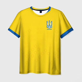 Мужская футболка 3D+ с принтом Украина домашняя форма в Белгороде, 100% микрофибра | круглый вырез горловины, длина до линии бедер | champion | championship | euro | uefa | ukraine | атрибутика | домашняя | евро | уефа | украина | фанатская | форма | футбол | чемпион европы