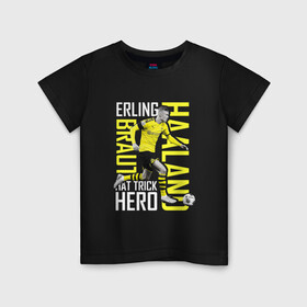 Детская футболка хлопок с принтом Эрлинг Холанд в Белгороде, 100% хлопок | круглый вырез горловины, полуприлегающий силуэт, длина до линии бедер | erling haaland | боруссия | номер 9 | сборная норвегии | футбол | футболист | эрлинг холанд
