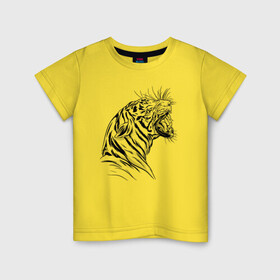 Детская футболка хлопок с принтом Чёрно белый рисунок тигра в Белгороде, 100% хлопок | круглый вырез горловины, полуприлегающий силуэт, длина до линии бедер | art | black and white | hunter | pantera | panthera | predator | russian tiger | tiger | амурский тигр | большая киса | большая кошка | иллюстрация | красная книга | охотник | пантера | полосатый тигр | русский тигр | рык
