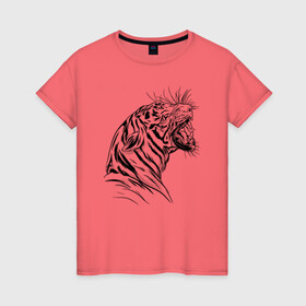 Женская футболка хлопок с принтом Чёрно белый рисунок тигра в Белгороде, 100% хлопок | прямой крой, круглый вырез горловины, длина до линии бедер, слегка спущенное плечо | art | black and white | hunter | pantera | panthera | predator | russian tiger | tiger | амурский тигр | большая киса | большая кошка | иллюстрация | красная книга | охотник | пантера | полосатый тигр | русский тигр | рык