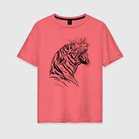 Женская футболка хлопок Oversize с принтом Чёрно белый рисунок тигра в Белгороде, 100% хлопок | свободный крой, круглый ворот, спущенный рукав, длина до линии бедер
 | Тематика изображения на принте: art | black and white | hunter | pantera | panthera | predator | russian tiger | tiger | амурский тигр | большая киса | большая кошка | иллюстрация | красная книга | охотник | пантера | полосатый тигр | русский тигр | рык