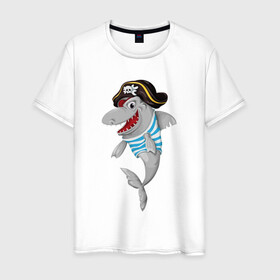 Мужская футболка хлопок с принтом Акула пират в матроске в Белгороде, 100% хлопок | прямой крой, круглый вырез горловины, длина до линии бедер, слегка спущенное плечо. | shark | акула | акулы | жители | клыки | море | морские | океан | рыба