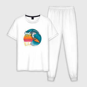 Мужская пижама хлопок с принтом Акула серфер в Белгороде, 100% хлопок | брюки и футболка прямого кроя, без карманов, на брюках мягкая резинка на поясе и по низу штанин
 | shark | surf | акула | акулы | жители | клыки | море | морские | океан | рыба | серфер