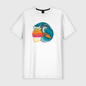 Мужская футболка хлопок Slim с принтом Акула серфер в Белгороде, 92% хлопок, 8% лайкра | приталенный силуэт, круглый вырез ворота, длина до линии бедра, короткий рукав | Тематика изображения на принте: shark | surf | акула | акулы | жители | клыки | море | морские | океан | рыба | серфер