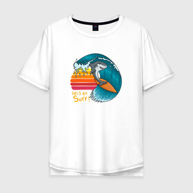 Мужская футболка хлопок Oversize с принтом Акула серфер в Белгороде, 100% хлопок | свободный крой, круглый ворот, “спинка” длиннее передней части | Тематика изображения на принте: shark | surf | акула | акулы | жители | клыки | море | морские | океан | рыба | серфер