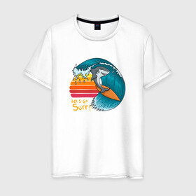 Мужская футболка хлопок с принтом Акула серфер в Белгороде, 100% хлопок | прямой крой, круглый вырез горловины, длина до линии бедер, слегка спущенное плечо. | Тематика изображения на принте: shark | surf | акула | акулы | жители | клыки | море | морские | океан | рыба | серфер