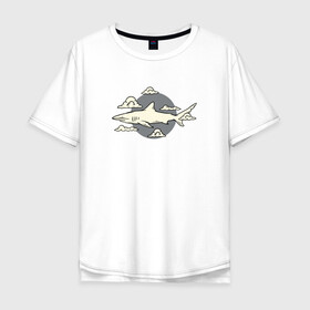 Мужская футболка хлопок Oversize с принтом Акула и облака в Белгороде, 100% хлопок | свободный крой, круглый ворот, “спинка” длиннее передней части | Тематика изображения на принте: shark | акула | акулы | жители | клыки | море | морские | океан | рыба