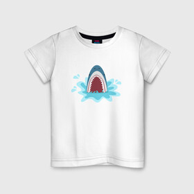 Детская футболка хлопок с принтом Акула из-под воды в Белгороде, 100% хлопок | круглый вырез горловины, полуприлегающий силуэт, длина до линии бедер | Тематика изображения на принте: shark | акула | акулы | жители | клыки | море | морские | океан | рыба