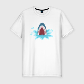 Мужская футболка хлопок Slim с принтом Акула из-под воды в Белгороде, 92% хлопок, 8% лайкра | приталенный силуэт, круглый вырез ворота, длина до линии бедра, короткий рукав | shark | акула | акулы | жители | клыки | море | морские | океан | рыба