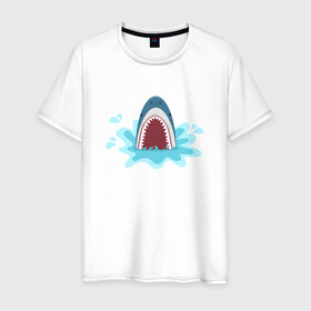 Мужская футболка хлопок с принтом Акула из-под воды в Белгороде, 100% хлопок | прямой крой, круглый вырез горловины, длина до линии бедер, слегка спущенное плечо. | Тематика изображения на принте: shark | акула | акулы | жители | клыки | море | морские | океан | рыба