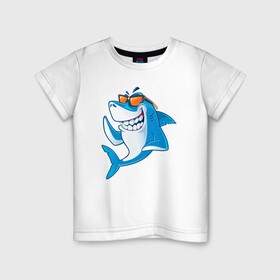 Детская футболка хлопок с принтом Акула в очках в Белгороде, 100% хлопок | круглый вырез горловины, полуприлегающий силуэт, длина до линии бедер | shark | акула | акулы | жители | клыки | море | морские | океан | рыба