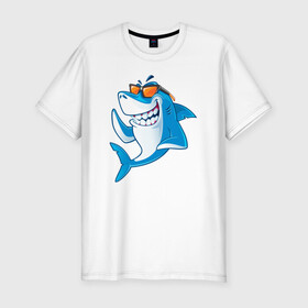 Мужская футболка хлопок Slim с принтом Акула в очках в Белгороде, 92% хлопок, 8% лайкра | приталенный силуэт, круглый вырез ворота, длина до линии бедра, короткий рукав | shark | акула | акулы | жители | клыки | море | морские | океан | рыба
