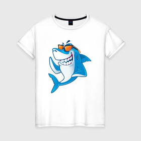 Женская футболка хлопок с принтом Акула в очках в Белгороде, 100% хлопок | прямой крой, круглый вырез горловины, длина до линии бедер, слегка спущенное плечо | shark | акула | акулы | жители | клыки | море | морские | океан | рыба