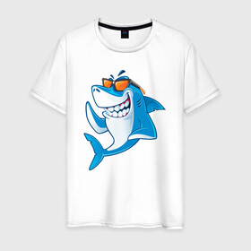 Мужская футболка хлопок с принтом Акула в очках в Белгороде, 100% хлопок | прямой крой, круглый вырез горловины, длина до линии бедер, слегка спущенное плечо. | shark | акула | акулы | жители | клыки | море | морские | океан | рыба